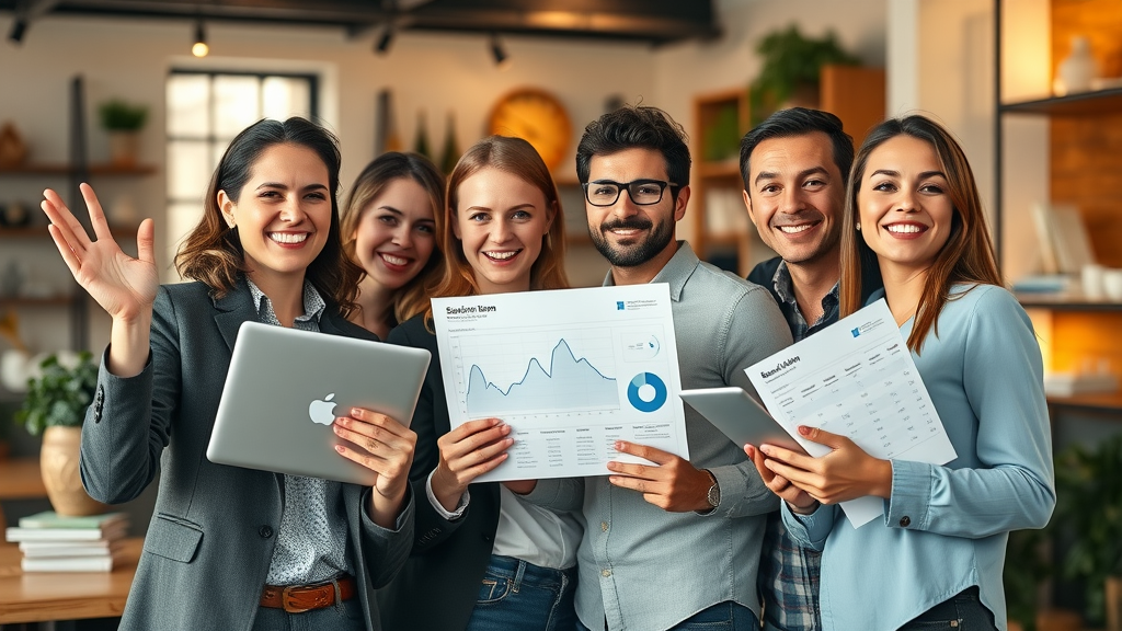 Successful small business team celebrating sales with digital devices and charts