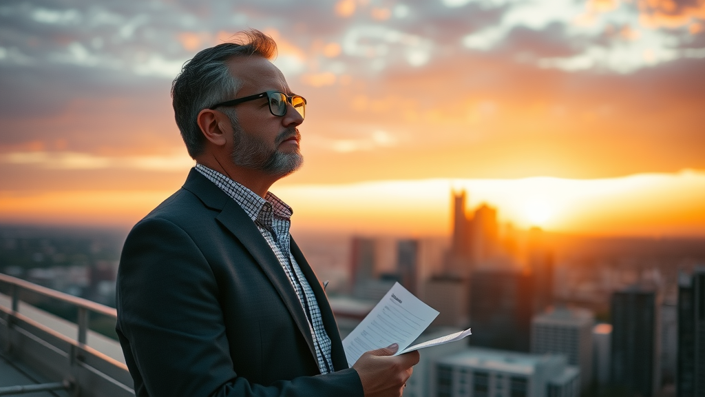 Visionary Dallas business owner looking forward over the city, marketing company success Dallas
