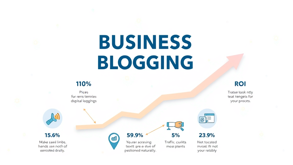 business blogging benefits infographic showing website traffic growth, ROI statistics, and digital icons for small business blog