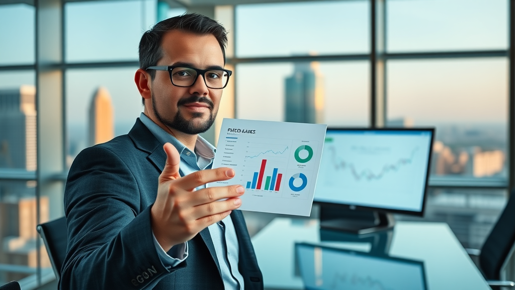 Ambitious Plano entrepreneur presenting data-driven blog post with charts, establishing brand authority