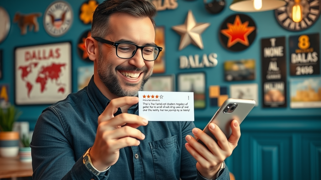 friendly Dallas business owner reading positive online review on smartphone in stylish workspace