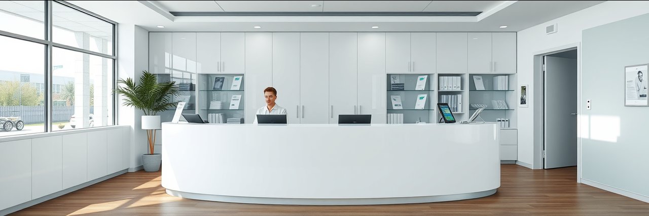 Modern cosmetic dermatology treatments clinic reception with clean white decor
