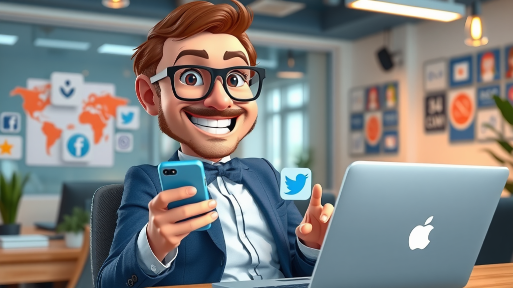 Plano business owner managing social media for small business marketing on smartphone and laptop in a trendy office