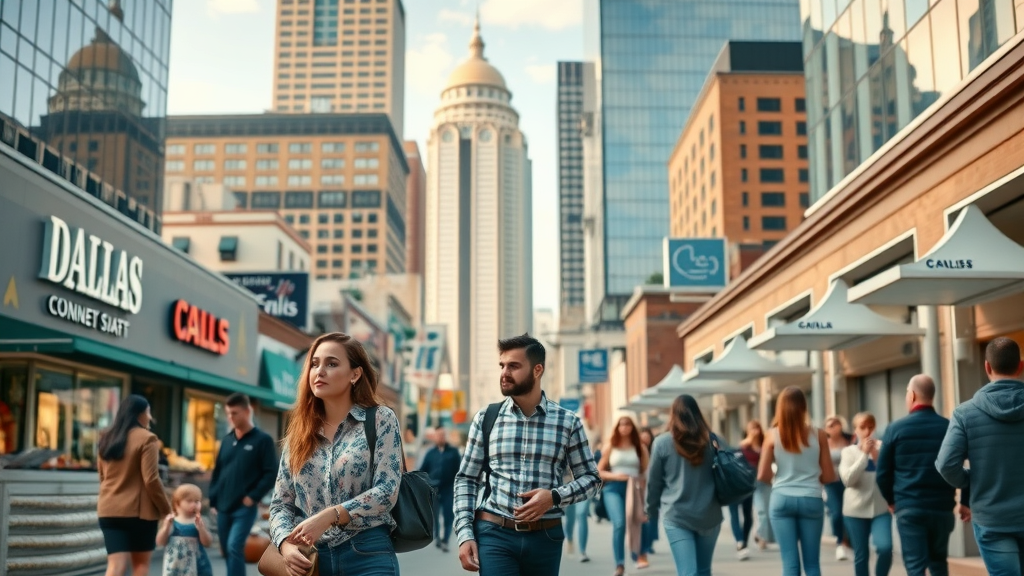 Vibrant Dallas cityscape with bustling small business owners interacting outdoors. Downtown skyline, thriving shops, and engaged people—capturing Dallas small business growth.
