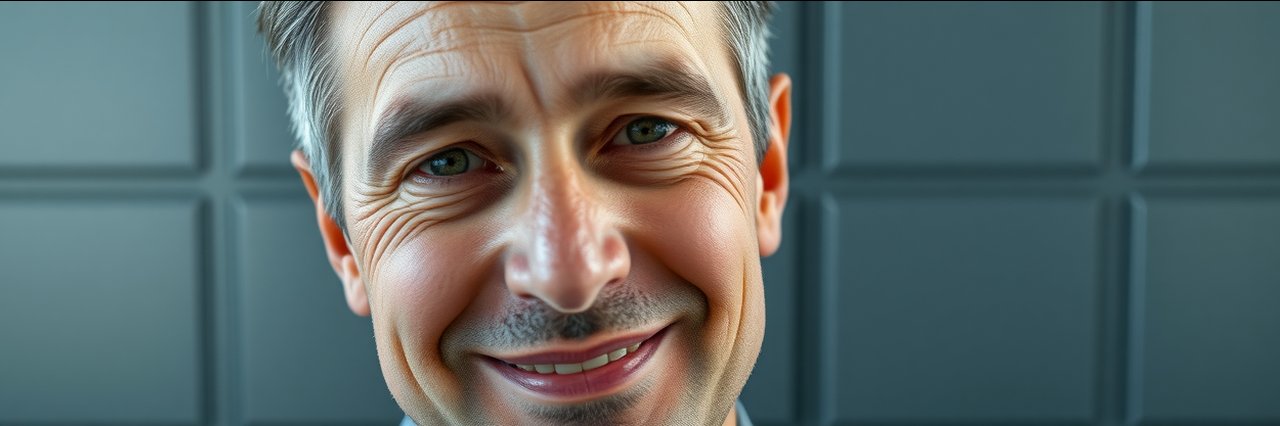 Smiling man with smooth skin, natural look, body contouring procedures, soft background