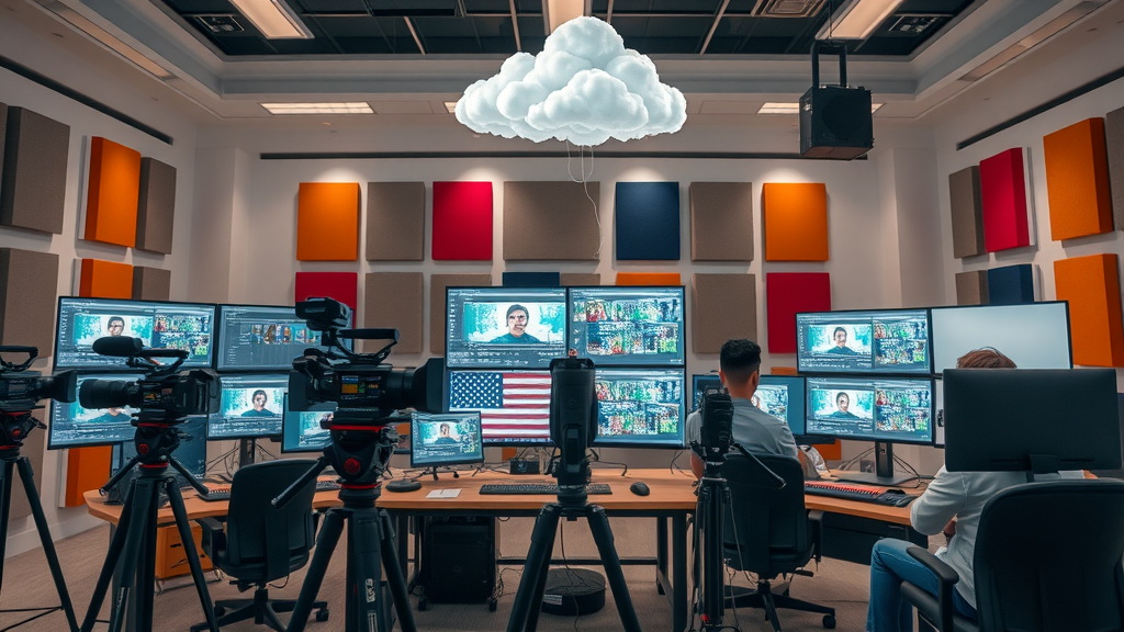 Modern workspace with video production and storage setup for digital creators.