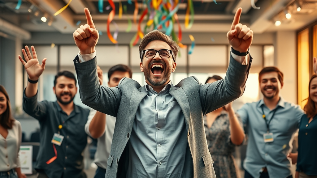 Triumphant Dallas business owner celebrating sales milestone, business marketing Dallas success story