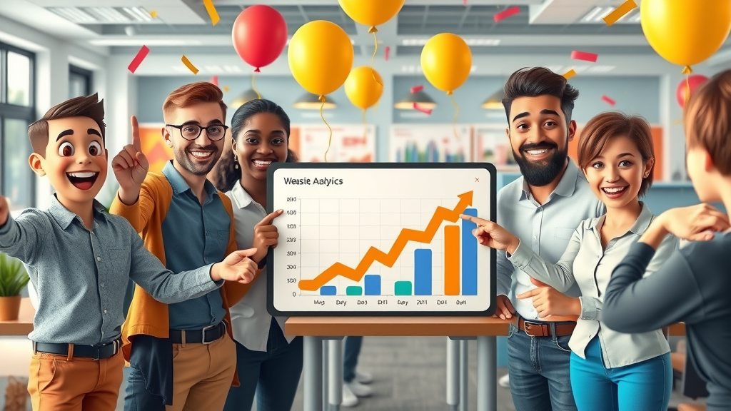 diverse business owners celebrating website traffic growth and blog analytics, showcasing business blogging benefits for small business