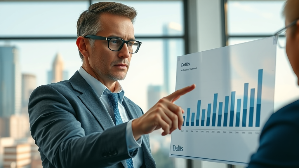 Analytical Dallas economist focused on bar chart showing business growth, conference space, Dallas skyline, small business growth dallas