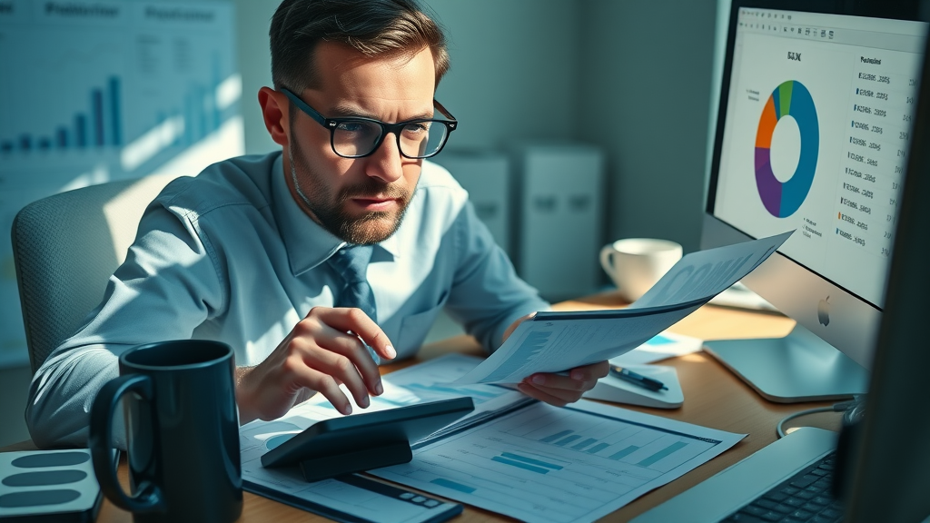 Determined business owner planning an affordable marketing solutions plani budget with calculator and charts