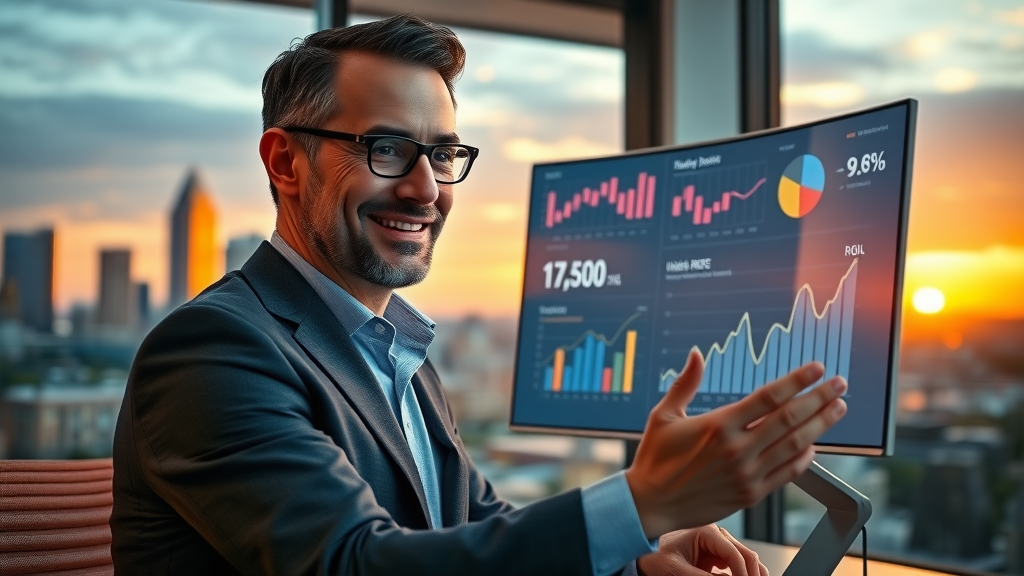 Small business marketing Dallas: business owner reviewing positive sales analytics, high ROI chart, photorealistic Dallas cityscape at sunset
