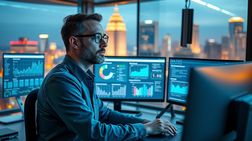 Small business marketing Dallas: SEO expert analyzing Dallas small business keyword trends, content strategy on dual monitors, high-tech office with Dallas landmarks