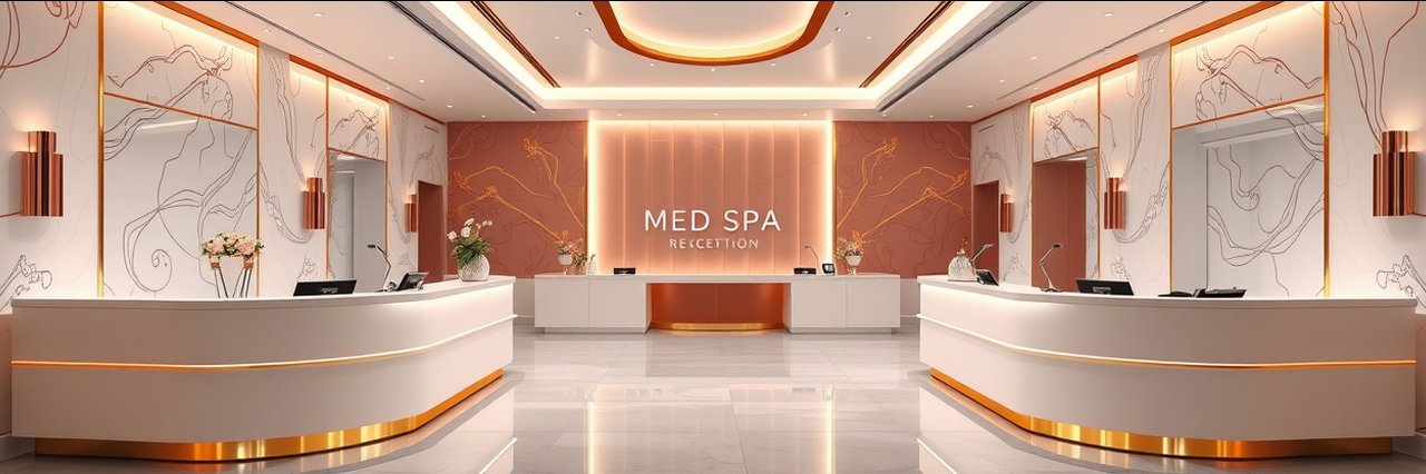 Luxurious med spa reception with blush pink and gold decor for collagen stimulators Sculptra.
