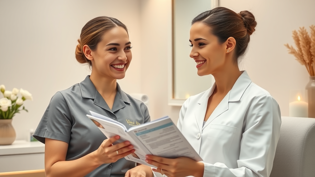 Client consults esthetician for personalized body contouring treatments.