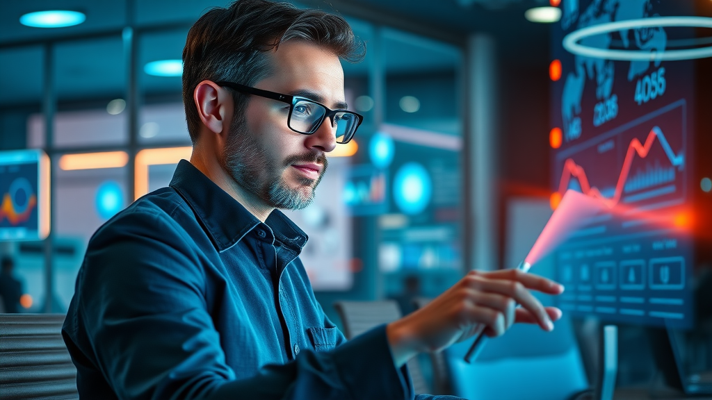 content marketing strategist planning campaign using digital tools in futuristic Dallas office