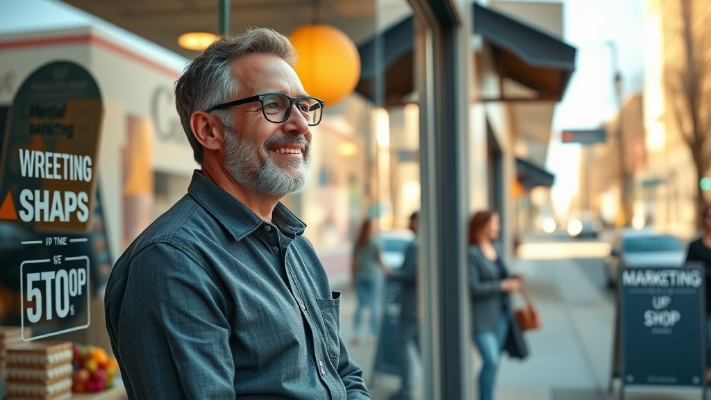 happy Dallas shop owner watching new customers enter store with digital marketing signage