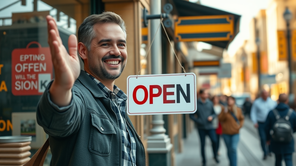 inspired entrepreneur launching new small business open sign storefront