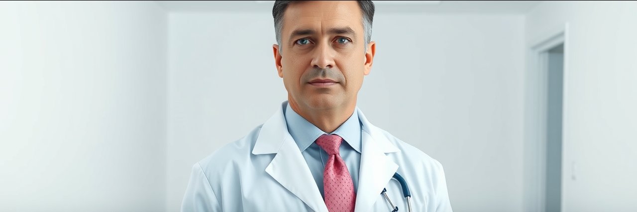 Professional surgeon in white coat, facelift procedures expert, clean background.