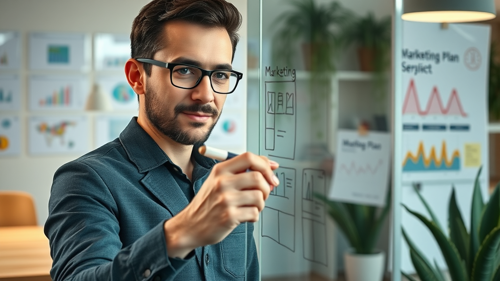 Entrepreneur sketching digital marketing plan on glass board, creative workspace