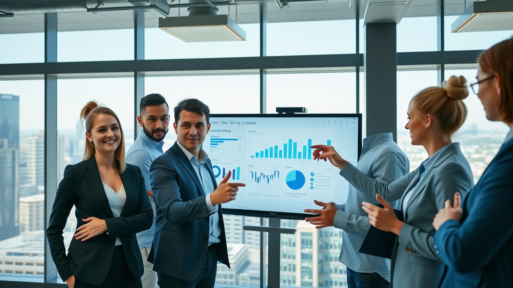 marketing agency analyzing campaign data in modern Dallas office with city skyline