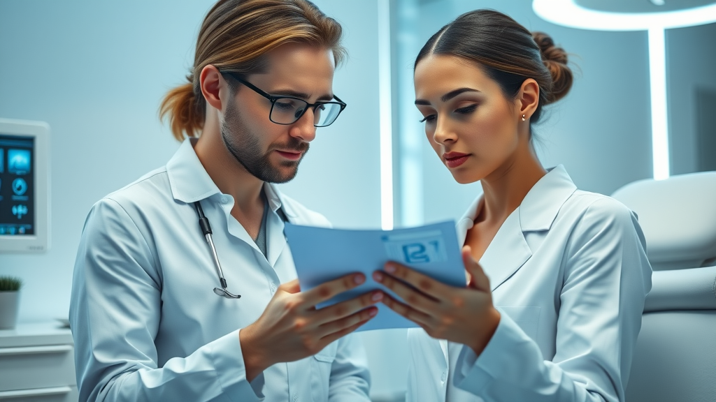 Aesthetic professional reviewing facial rejuvenation procedures with client.