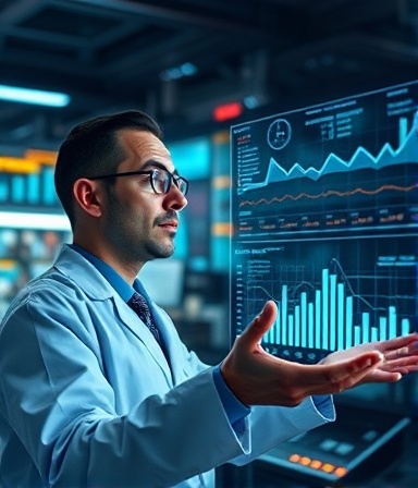 sophisticated analytics visualization, amazed data scientist, exploring, photorealistic, futuristic lab environment with floating holograms, highly detailed, animated charts and graphs, bokeh effect, vivid colors, spotlighting, shot with a 24-70mm zoom lens