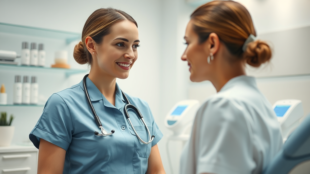 Aesthetician consulting client about medical aesthetics treatments