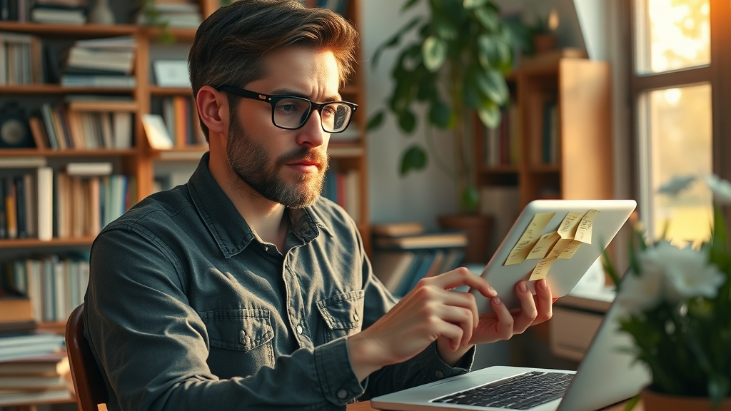 Plano content creator updating blog with new keyword research, cozy workspace, blog posts adaptation for blogs in Plano