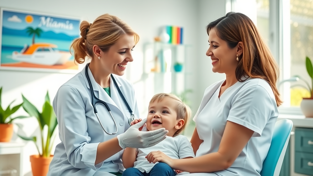 Miami family dentistry dentist caring for child and parent, modern dental office