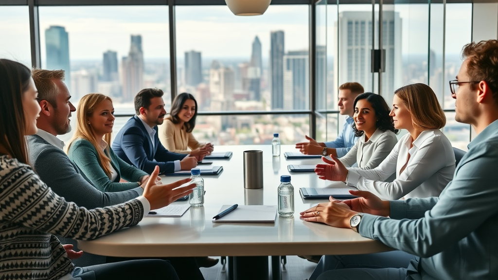 Diverse roundtable discussion in a Dallas boardroom, young professionals and community leaders collaborating, active SMU Board Fellows discussion. Community engagement Dallas and inclusive leadership.