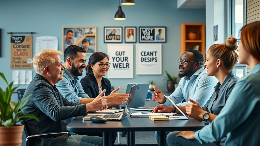 business blogging benefits in vibrant small business office with team collaboration, brainstorming blog content ideas, small business