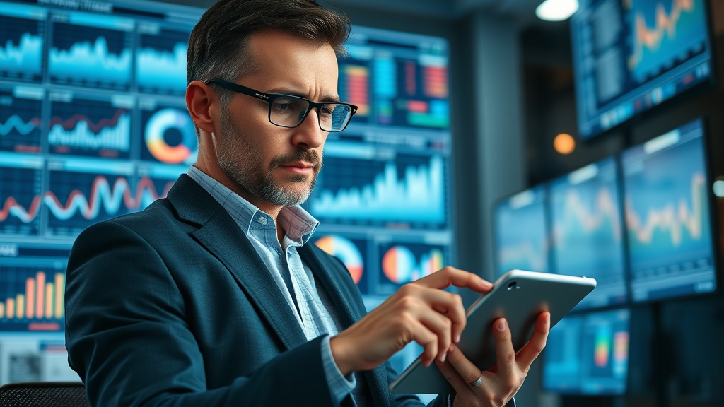 Determined Dallas business owner analyzing data on digital tablet, high-tech office, charts and data screens, small business growth dallas