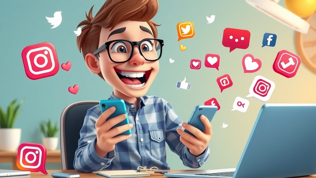 young Dallas social media marketer managing multiple accounts on smartphone with vibrant colors and social icons