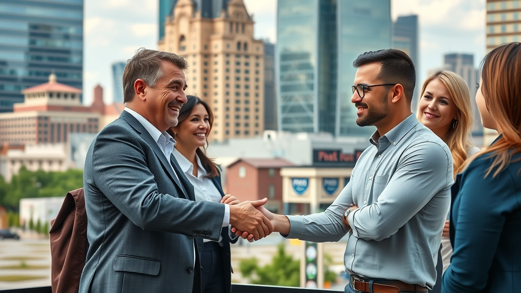 Vibrant Plano cityscape with business owners networking, Content Marketing for Small Businesses Plano