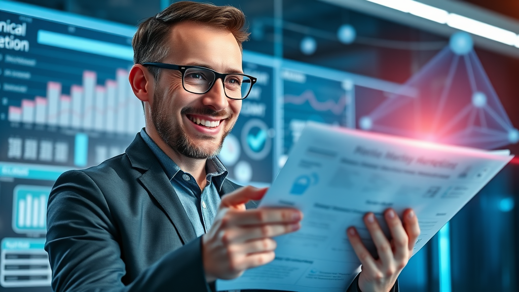 Plano entrepreneur reviewing digital marketing solutions for small business growth on a futuristic digital interface