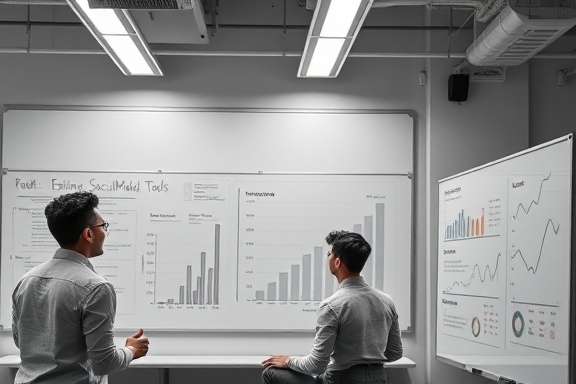 dynamic SocialMedia tools, focused engagement, optimizing strategies, photorealistic, a tech startup environment with whiteboards, highly detailed, digital graphs animating, 3840x2160 resolution, monochromatic scheme, overhead fluorescent lighting, shot with a 50mm lens