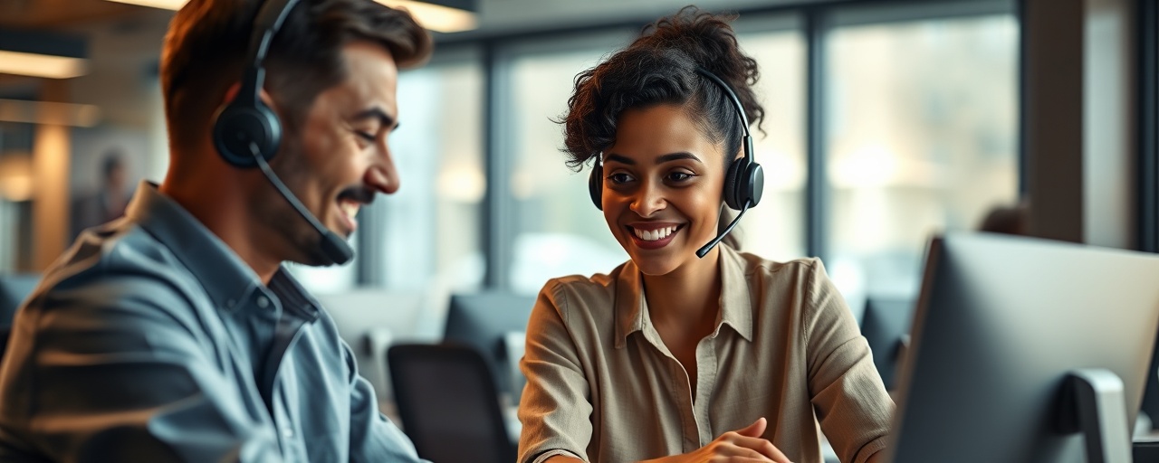 responsive contact support, compassionate expression, assisting a customer, photorealistic, cozy call center with desks and headsets, highly detailed, subtle animations of ringing phones, sharp clarity, warm tones, soft ambient lighting, shot with a 35mm lens.