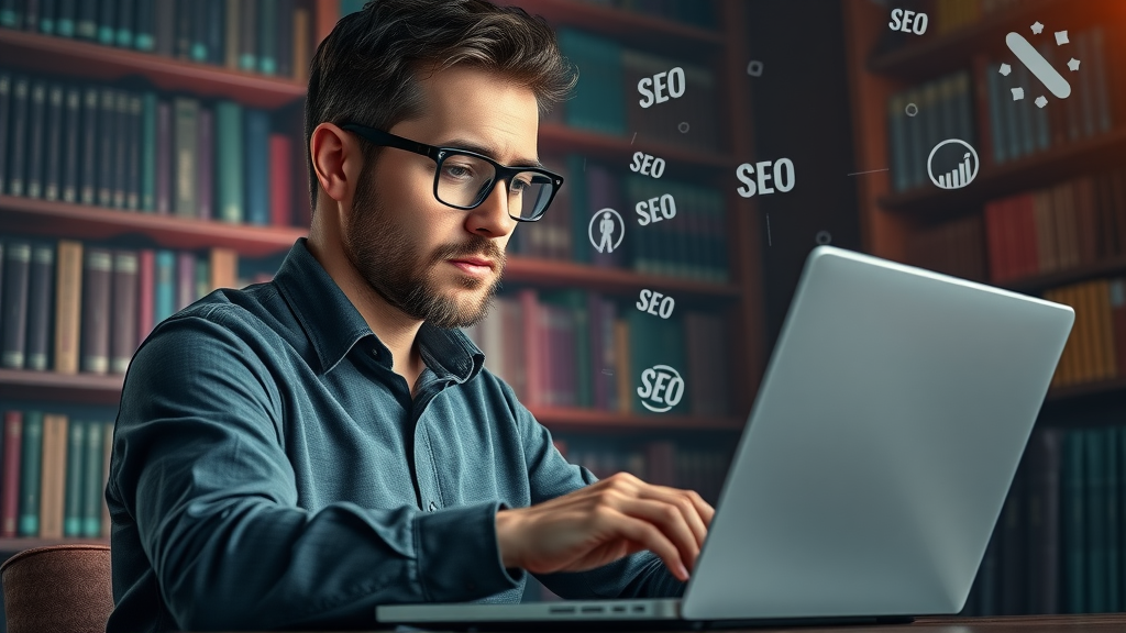 SEO specialist optimizing digital marketing blog post for search engine performance in vibrant digital workspace
