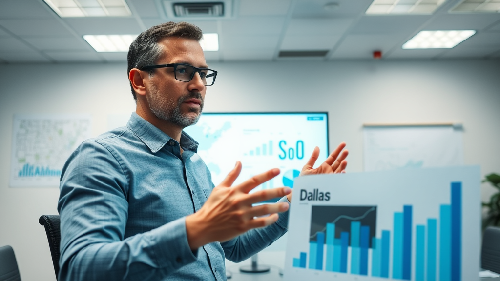 professional SEO consultant presenting SEO results on screen in Dallas conference room