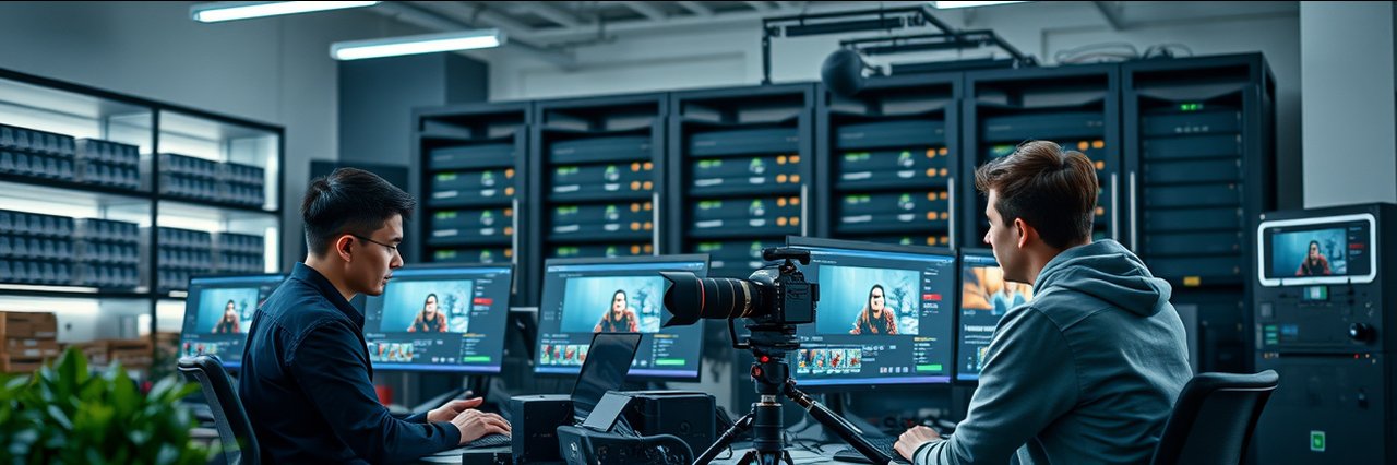 Modern video production and storage studio, team editing videos with advanced storage solutions