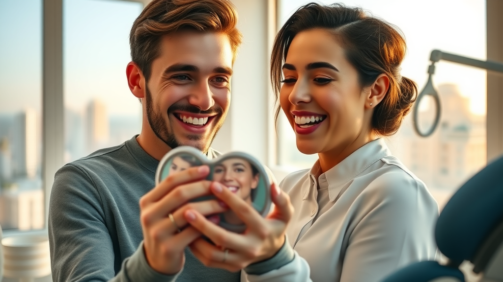 Couple admiring quick smile transformation from one-day dental crowns