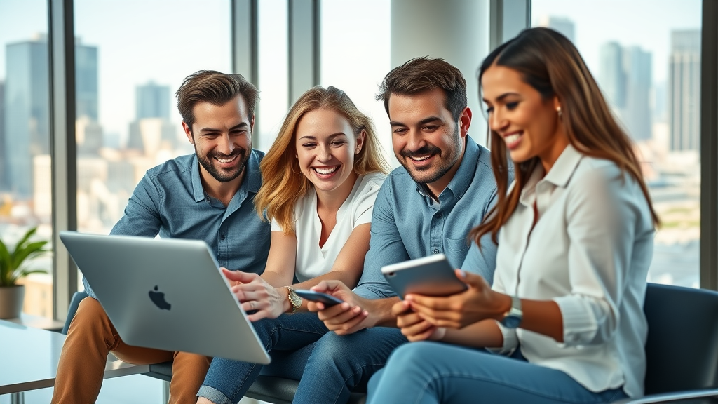 Vibrant digital marketing team in Plano collaborating with digital devices, modern office with Plano cityscape - digital marketing plano