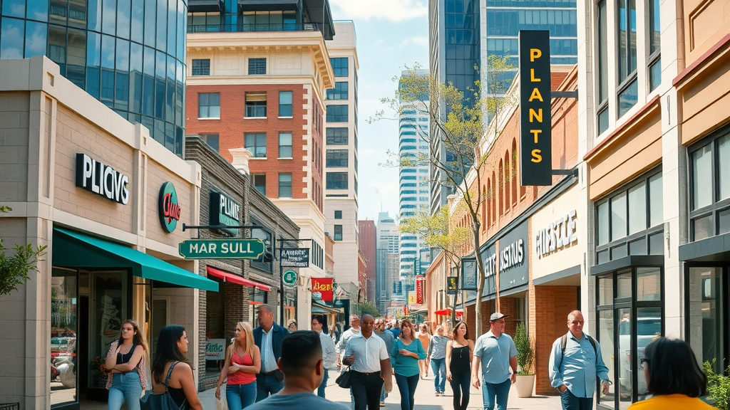 blogging strategies for plano businesses - Photo of a dynamic cityscape of Plano, Texas, bustling with small businesses and lively storefronts.