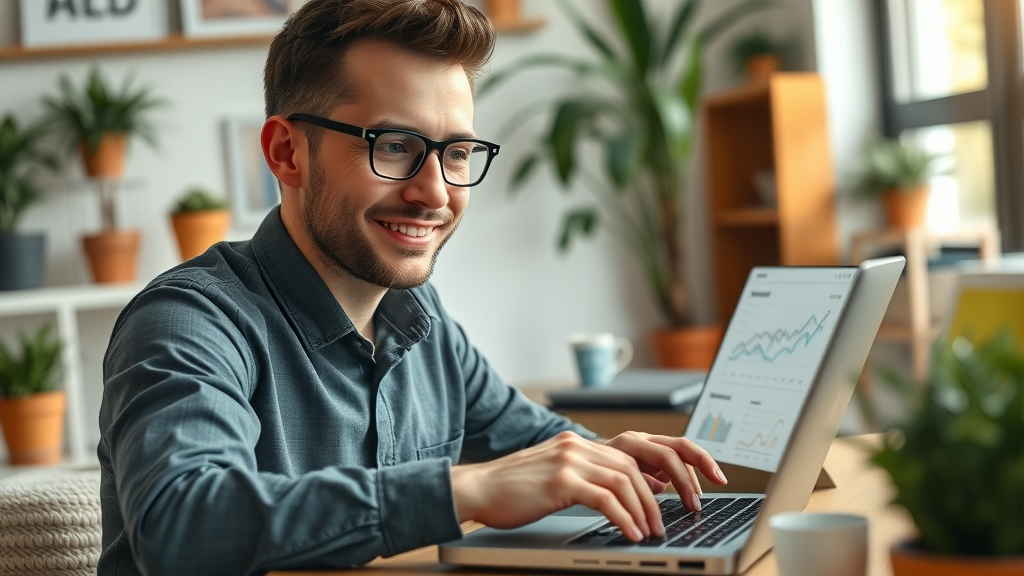 small business owner using analytics to improve marketing plan - reviewing marketing results in a cozy, personalized workspace