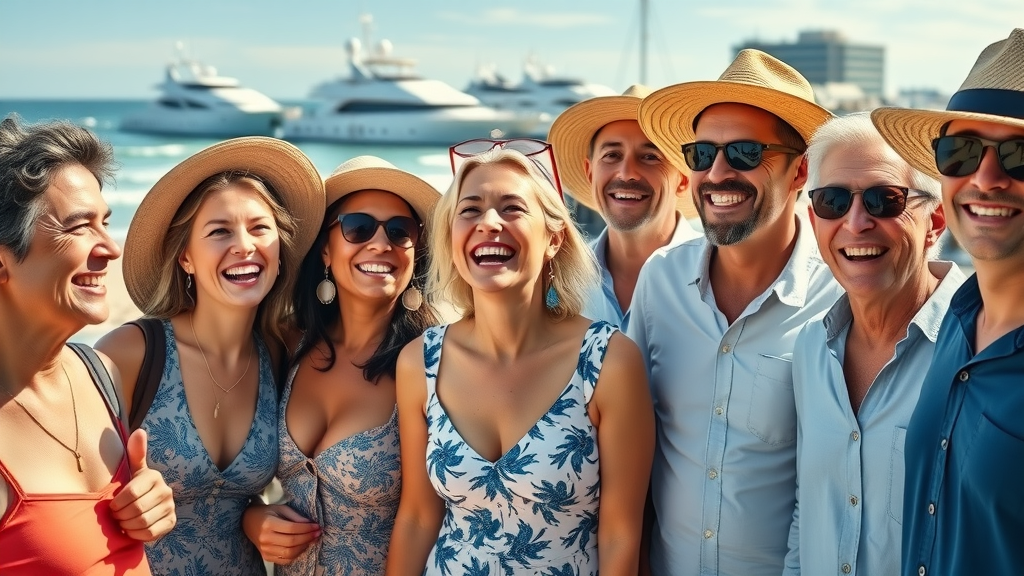 Diverse happy group with glowing skin by Newport Beach harbor, cosmetic dermatology