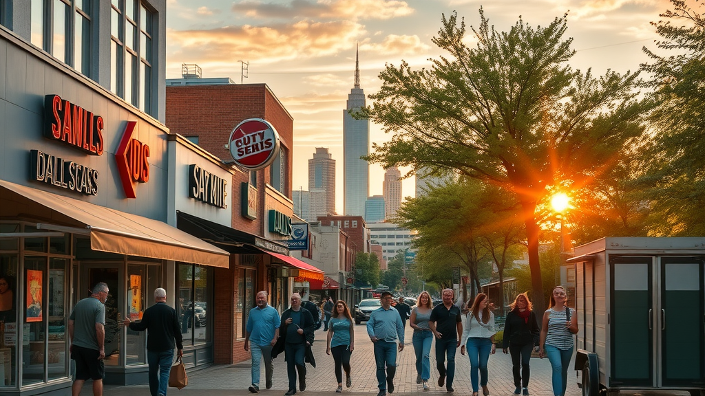 marketing ideas for small business in dallas vibrant Dallas cityscape bustling small businesses local shops urban storefronts golden hour Dallas skyline