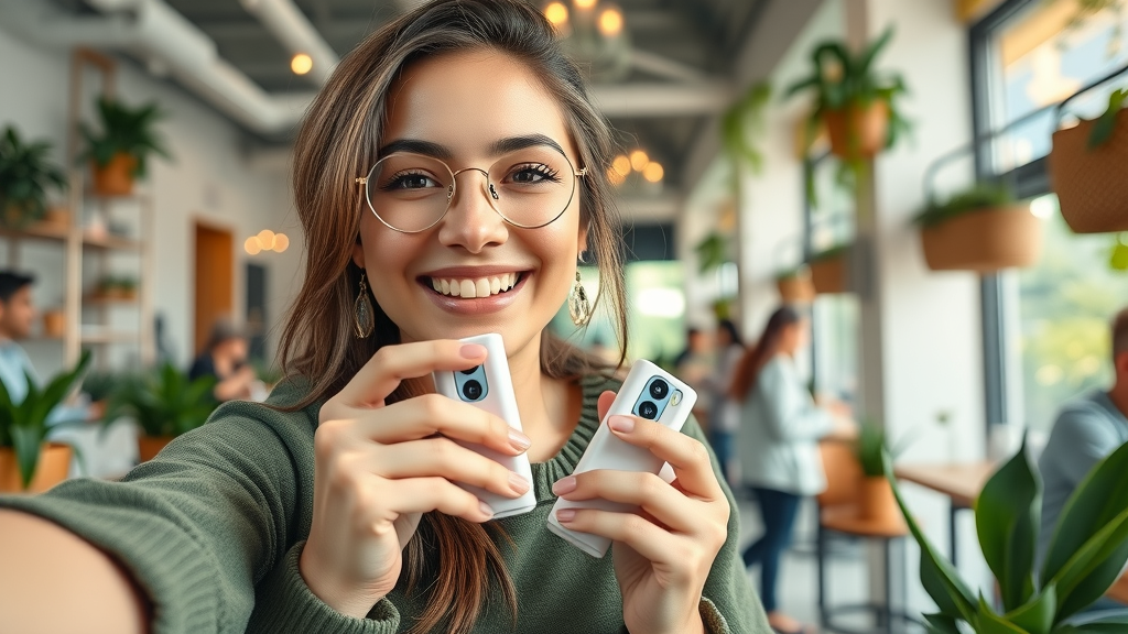 Micro-influencer filming a product selfie video in a bright urban cafe