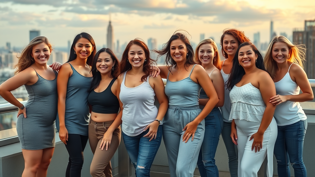Group showcases successful body contouring procedures with city view at sunset