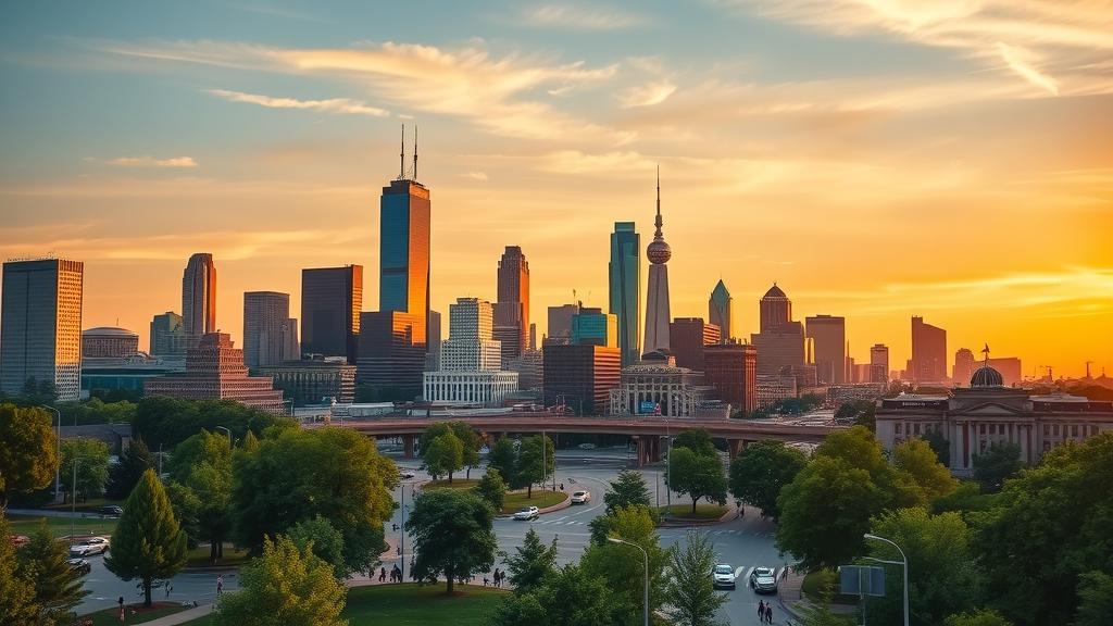 vibrant Dallas skyline at sunset, bustling urban energy in the Dallas real estate market, residents and cars moving naturally, recognizable Dallas landmarks, lush greenery