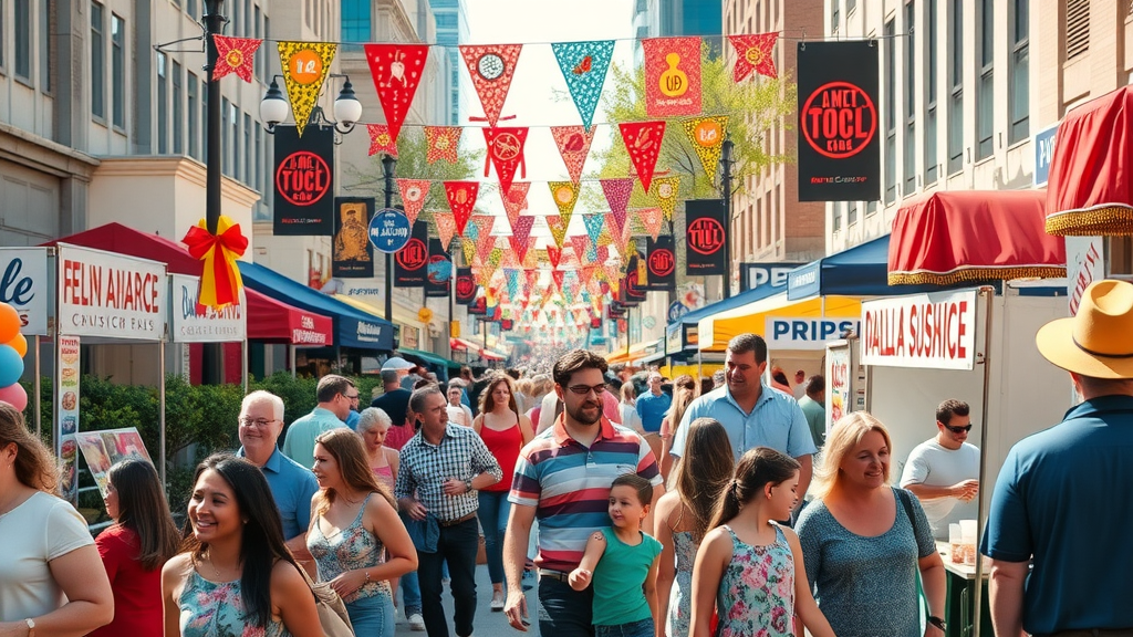 Vibrant Dallas street scene during a major community event, cheerful crowds mingling, families exploring festive booths, local business stalls, and community development Dallas in action.